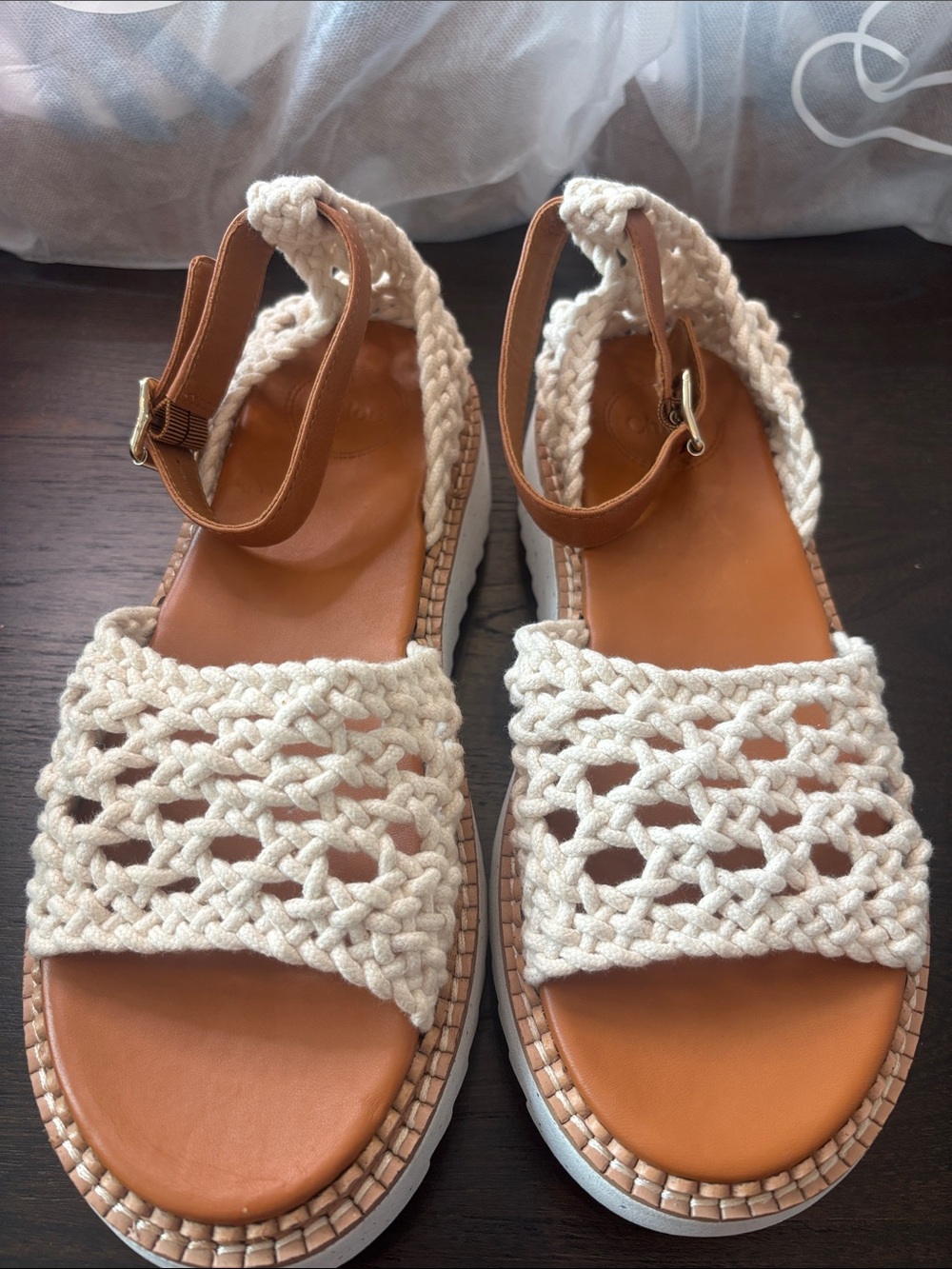 Chloe Cream Braided Rope Sandals with Tan Footbed
